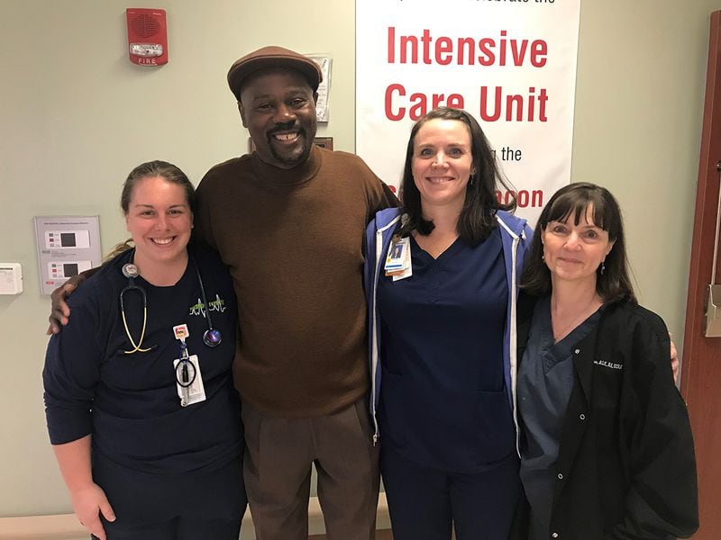 Edward Hunter visited the ICU at Piedmont Fayette Hospital to thank the staff for the care they provided to his mother.
