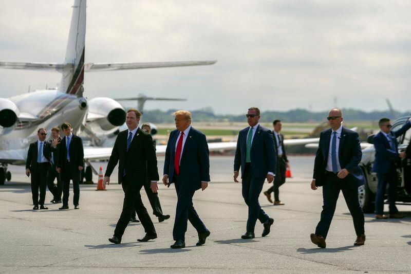 Republican presidential candidate former President Donald Trump arrives Wednesday, April 10, 2024, in Atlanta. (AP Photo/Jason Allen)