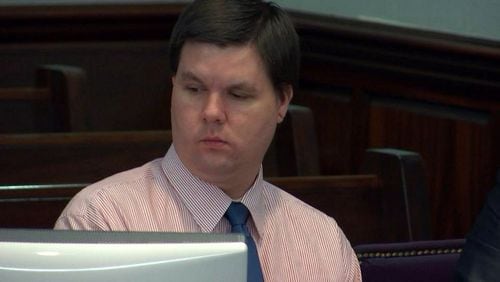 Justin Ross Harris listens to testimony during his murder trial at the Glynn County Courthouse in Brunswick, Ga., on Monday, Oct. 17, 2016. Judge Mary Staley Clark ordered a media blackout on the testimony of a sexting victim who is a minor. (screen capture via WSB-TV)