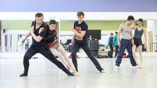 Liam Scarlett (left) rehearses with Atlanta Ballet dancers for the world premiere of “Catch.” Contributed by Kim Kenney/Atlanta Ballet