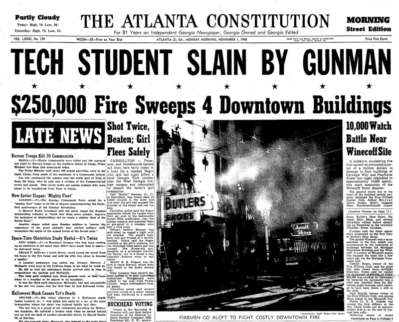 The Oct. 31, 1948, shooting death of Carl "Buddy" Stevens, Jr., of Carrollton was shocking news at the time, as the banner headline in The Atlanta Constitution suggests. Investigators searched for months for a suspect, eventually landing on Clarence Henderson, a Black sharecropper.