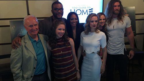 TLC's "Too Close to Home" cast and Tyler Perry: (L-R Alpha Trivette, Tyler Perry, Annie Thrash, Ashley Love-Mills, Danielle Savre, Kelly Sullivan, Brock O'Hurn at Trace at W Midtown.