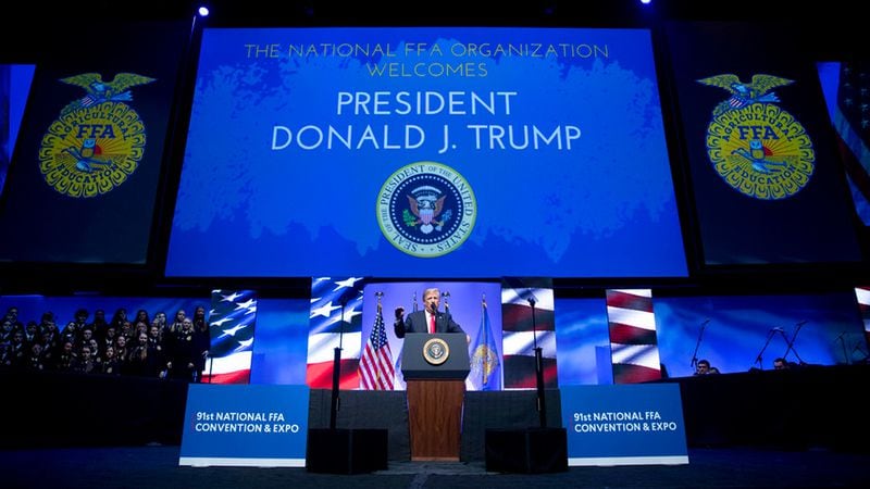 President Donald Trump speaks at the 91st Annual Future Farmers of America Convention and Expo at Bankers Life Fieldhouse in Indianapolis, Saturday, Oct. 27, 2018.