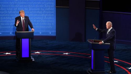 President Donald Trump, left, and Democratic presidential nominee Joe Biden during the first of three scheduled 90-minute presidential debates, in Cleveland on September 29, 2020. (Kevin Dietsch/Pool/Abaca Press/TNS)
