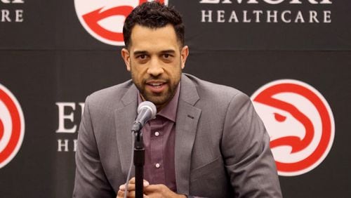 Hawks general manager Landry Fields speaks during a press conference at the Emory Sports Medicine Complex, Friday, July 1, 2022, in Atlanta. (Jason Getz / Jason.Getz@ajc.com)