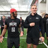 Georgia defensive back Tykee Smith (left) and tight end Brock Bowers share a smile during Georgia Pro Day at Payne Indoor Athletic Facility, Wednesday, Mar. 13, 2024, in Athens. (Hyosub Shin / Hyosub.Shin@ajc.com)