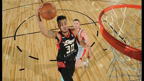 Jaylen Morris of the Erie BayHawks goes to the basket against the Rio Grande Valley Vipers during NBA G League Showcase Game 21 on Jan. 12, 2018, at the Hershey Centre in Mississauga, Ontario Canada.