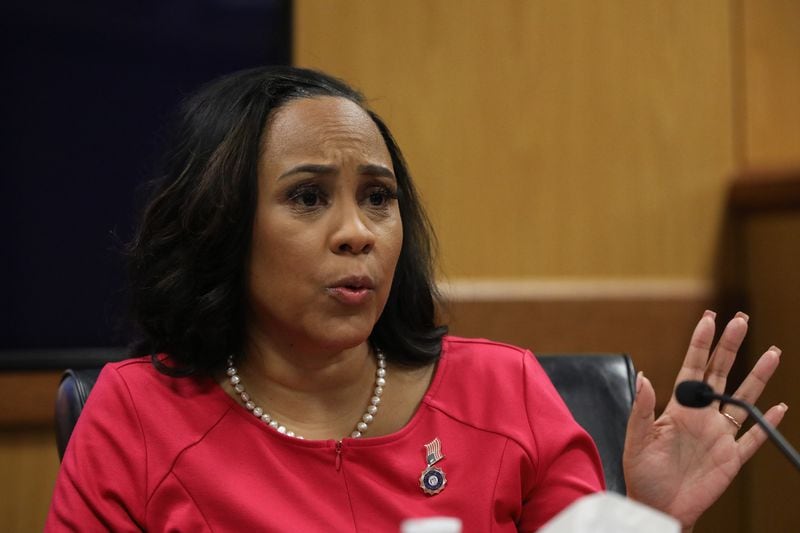 Fulton County District Attorney Fani Willis testifies during a hearing in the case of the State of Georgia v. Donald John Trump at the Fulton County Courthouse on Thursday, Feb. 15, 2024, in Atlanta. (Alyssa Pointer/Pool/Getty Images/TNS)