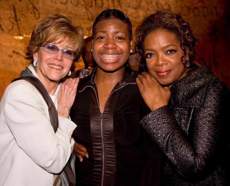 Fantasia, center, who plays the role of Celie in Oprah Winfrey's production of the Broadway play "The Color Purple" poses with Jane Fonda, left and Oprah Winfrey, right, backstage after a performance Saturday, May 19, 2007 in New York. (AP Photo/Stephen Chernin)