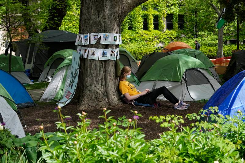 A student protester works on her laptop in a pro-Palestinian encampment at Main Quadrangle on the University of Chicago campus, Monday, May 6, 2024, in Chicago. (AP Photo/Nam Y. Huh)