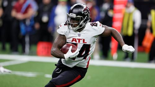 Atlanta Falcons running back Cordarrelle Patterson (84) runs against the New Orleans Saints during the second half of an NFL football game, Sunday, Nov. 7, 2021, in New Orleans. (AP Photo/Butch Dill)