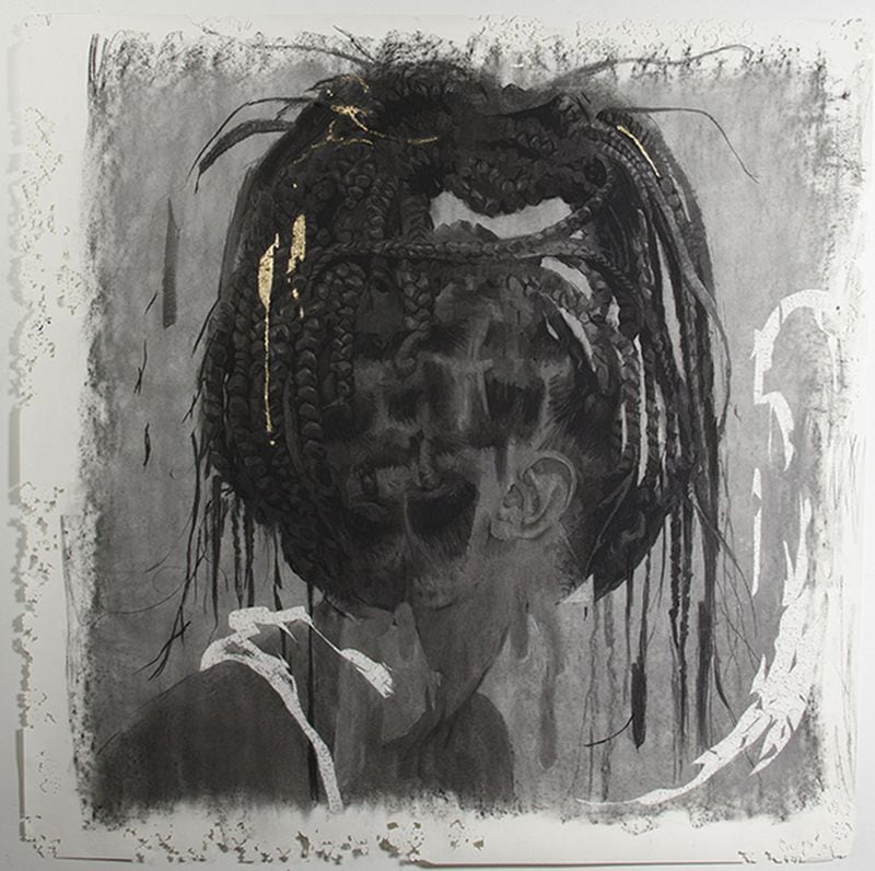 “Kiss Mi Neck Back” in charcoal and gold leaf on paper by Cosmo Whyte, who has a solo show at the Museum of Contemporary Art of Georgia in November. Contributed by MOCA GA