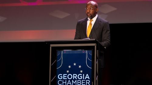 Senator Reverend Raphael Warnock (D-GA) speaks at the Georgia Chamber’s “Eggs & Issues” breakfast at the Fox Theatre in downtown Atlanta, Georgia on January 12th, 2022. (Nathan Posner for The Atlanta Journal-Constitution)