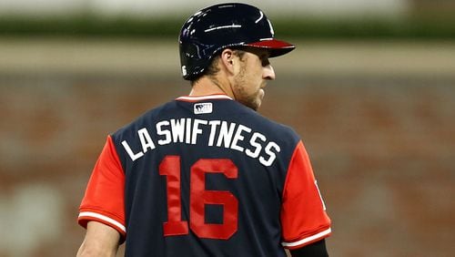Atlanta Braves' Lane Adams. wears jersey with the nickname "LA Swiftness" during Players Weekend against the Colorado Rockies Friday, Aug. 25, 2017, at SunTrust Park in Atlanta.