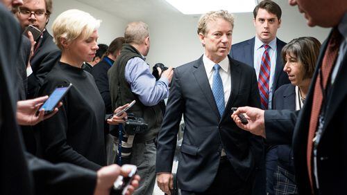 Sen. Rand Paul (R-Ky.) en-route to a vote on Capitol Hill in Washington, Feb. 8, 2018. Paul called out his own party for renewed profligacy after years of penny-pinching during the Obama administration, accusing Republicans of forming “an unholy alliance and spending free-for-all with Democrats at the expense of the American people and our party’s supposed principles.” (Erin Schaff/The New York Times)