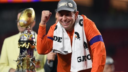 Head coach Dabo Swinney of the Clemson Tigers celebrates his team’s 29-23 win over the Ohio State Buckeyes in the College Football Playoff Semifinal on Dec. 28, 2019 in Glendale, Ariz.