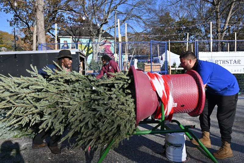 Keith Johnson (left), owner, and Kevin Goez, manager, prepare Christmas trees for delivery at Northstar Christmas Trees in East Atlanta on Thursday, December 2, 2021. (Hyosub Shin / Hyosub.Shin@ajc.com)