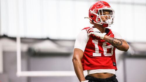 Georgia wide receiver Demetris Robertson (16) during the Bulldogs’ first practice session of the spring Tuesday, March 16, 2021, in Athens. (Tony Walsh/UGA)