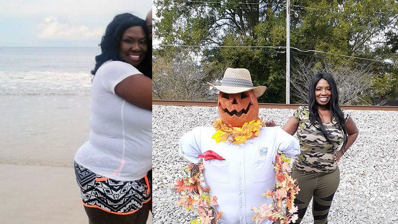 In the photo on the left, taken in December 2017, Daisy Burris weighed 260 pounds. In the photo on the right, taken this month, she weighed 181 pounds. (Photos contributed by Daisy Burris)