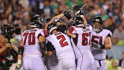 Atlanta Falcons celebrate following their fourth-quarter touchdown against the Philadelphia Eagles Thursday, Sept. 6, 2018, at Lincoln Financial Field in Philadelphia.