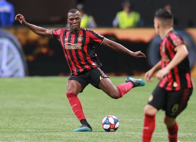 October 24, 2019 Atlanta: Atlanta United defender Florentin Pogba works against Philadelphia in the Eastern Conference semifinals of the MLS playoffs on Thursday, October 24, 2019, in Atlanta.   Curtis Compton/ccompton@ajc.com