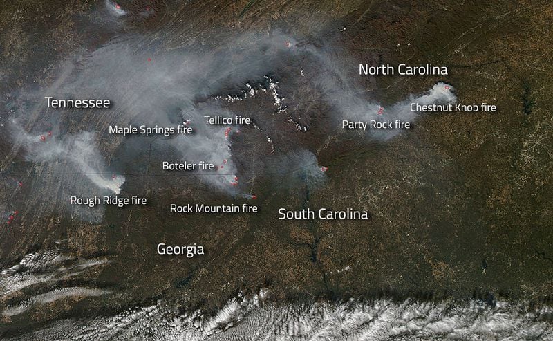 The latest imagery from NASA shows where wildfires are burning across the Southeast. (Credit: NASA)