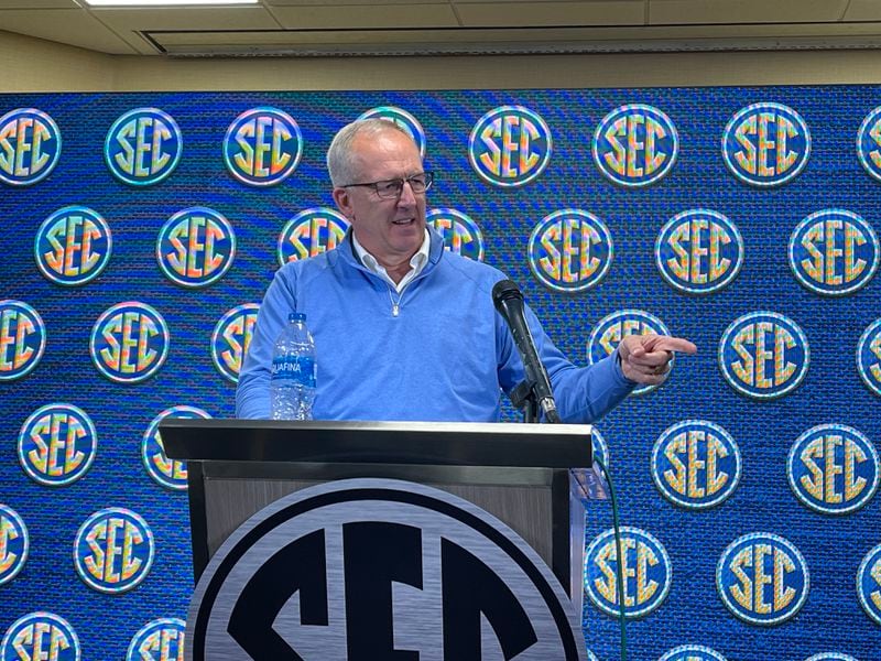 SEC Commissioner Greg Sankey makes a point while answering a reporter's question during a press conference Thursday at the Hilton Sandestin Resort. Sankey announced that the league is sticking to an eight-game conference schedule when Oklahoma and Texas join the SEC in 2024. (Photo by Chip Towers/ctowers@ajc.com)