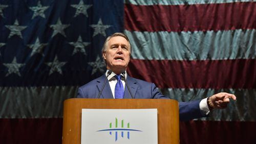 U.S. Sen. David Perdue speaks to conservative activists during the Georgia GOP state convention in Savannah on May 18, 2019. HYOSUB SHIN / HSHIN@AJC.COM