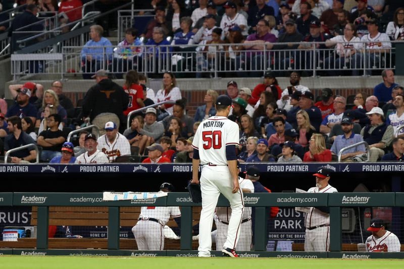 Braves starting pitcher Charlie Morton (50) walks to the dugout after being replaced in the third inning at Truist Park on Wednesday, April 27, 2022. Miguel Martinez / miguel.martinezjimenez@ajc.com