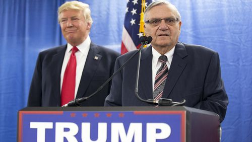 In this 2016 file photo, Republican presidential candidate Donald Trump, left, is joined by Maricopa County, Ariz., Sheriff Joe Arpaio during a press conference in Marshalltown, Iowa. AP/Mary Altaffer