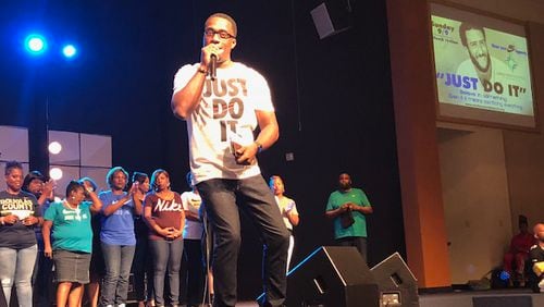 The Rev. Wilbur T. Purvis III at World Destiny Church in Austell set aside Sunday, Sept. 9, 2018, as “Just Do It Sunday” and encouraged members to wear their favorite Nike gear in support of the Oregon-based company and former San Francisco 49er quarterback Colin Kaepernick. (Photo special to the AJC)