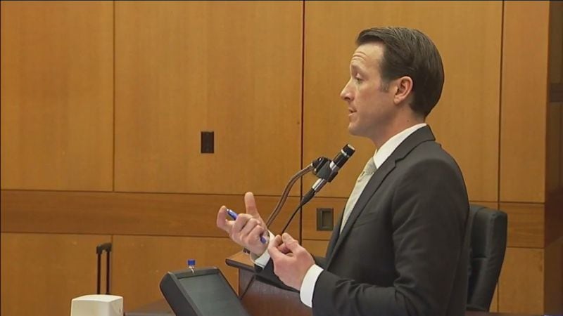 Prosecuting attorney Adam Abbate cross-examines witness McKenzie Davenport during the murder trial of Tex McIver on April 11, 2018 at the Fulton Country Courthouse. (Channel 2 Action News)