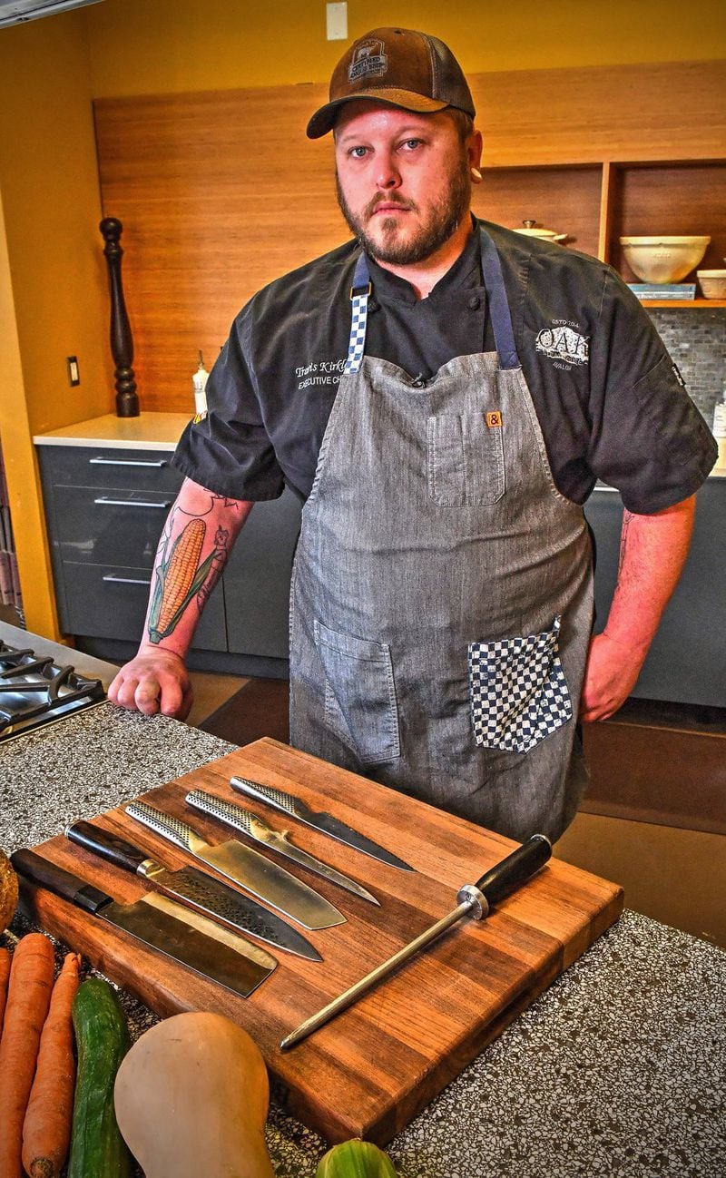 Executive chef Travis Kirkley of Oak Steakhouse in Alpharetta can explain the proper use, techniques and care for a chef’s set of most used knives. CONTRIBUTED BY CHRIS HUNT PHOTOGRAPHY