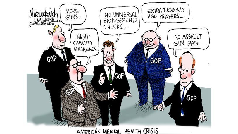 Caption:  America's Mental Health Crisis.  Image:  Republicans standing around saying, 
