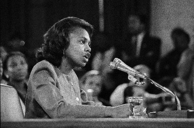 Anita Hill speaks during 1991 confirmation hearings for Supreme Court nominee Clarence Thomas, where she testified that Thomas sexually harassed her while he was her supervisor, on Capitol Hill in Washington. (Paul Hosefros/The New York Times)