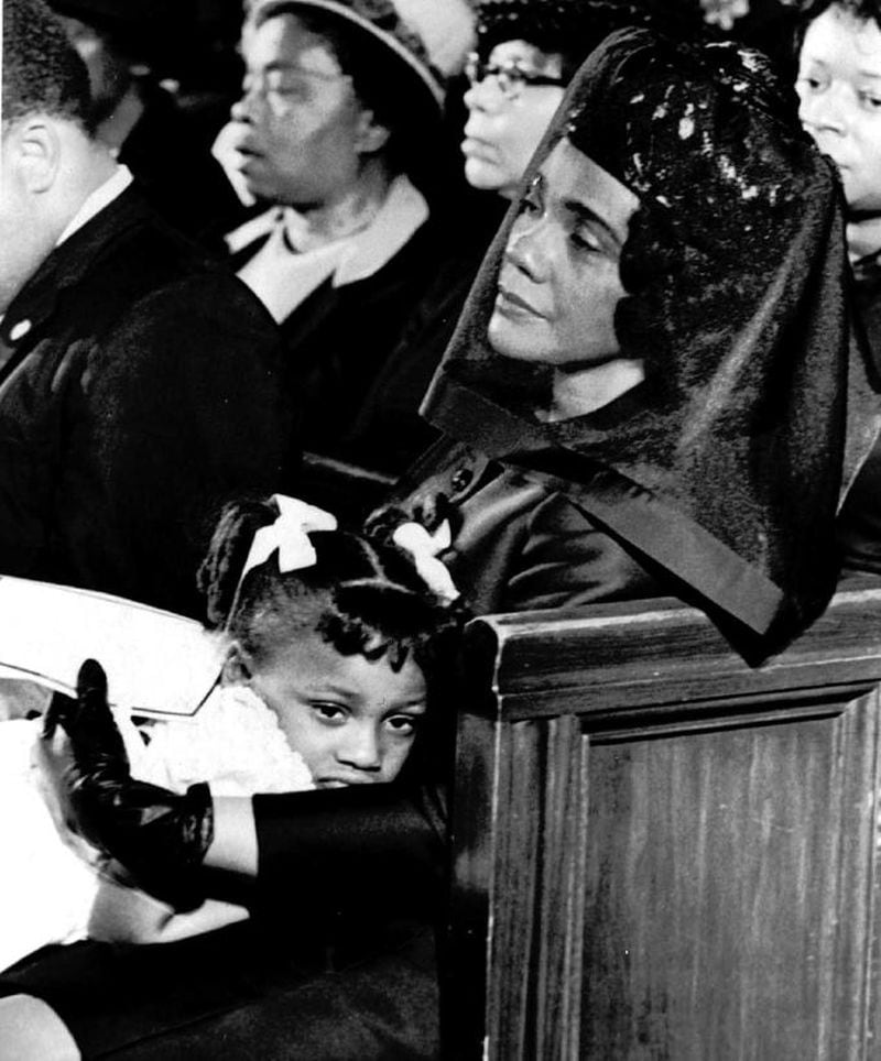 Coretta Scott King and her daughter Bernice, 5, are shown April 9, 1968 attending the funeral of her husband, Martin Luther King Jr., in Atlanta in this Pulitzer-prize winning photograph taken by Moneta J. Sleet Jr. (AP Photo)