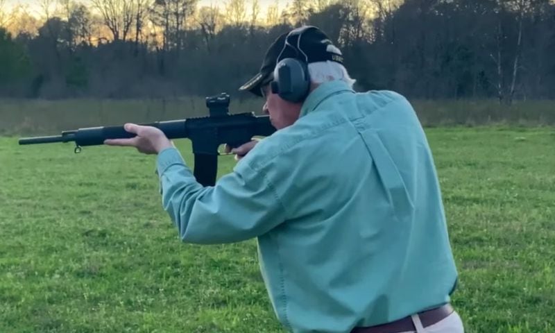 Ready, aim … Former congressman and current congressional candidate Paul Broun lets loose with his AR-15. Screenshot from Broun campaign video