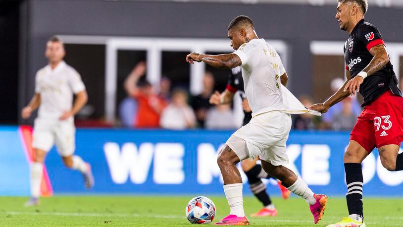 Atlanta United forward Josef Martinez #7 scores the first goal of the match against D.C. United at Audi Field in Washington, District of Columbia on Saturday August 21, 2021. (Photo by Jacob Gonzalez/Atlanta United)