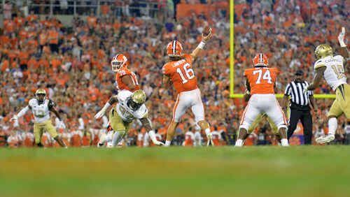 Clemson quarterback Trevor Lawrence (16) throws a touchdown pass in the first half against Georgia Tech Thursday, Aug. 29, 2019, at Memorial Stadium in Clemson, S.C.