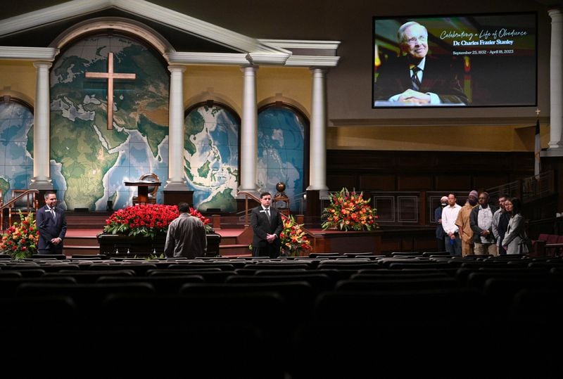 People pay their respects as Pastor Charles Stanley lies in repose at First Baptist Atlanta where he led for more than 50 years, Saturday, April 22, 2023, in Atlanta.  (Hyosub Shin / Hyosub.Shin@ajc.com)