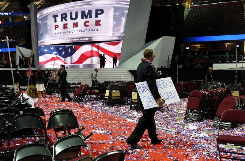 CLEVELAND, OH - JULY 21: People walk along the ramp at the end of the Republican National Convention on July 21, 2016 at the Quicken Loans Arena in Cleveland, Ohio. Republican presidential candidate Donald Trump received the number of votes needed to secure the party's nomination. An estimated 50,000 people are expected in Cleveland, including hundreds of protesters and members of the media. The four-day Republican National Convention kicked off on July 18. (Photo by John Moore/Getty Images)
