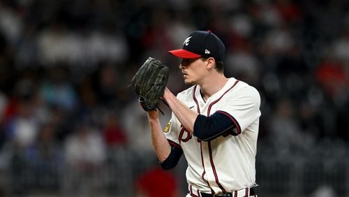 Atlanta Braves pitcher Max Fried throws a pitch against Miami Marlins in the ninth inning at Truist Park in Atlanta on Tuesday, April 23, 2024. Atlanta Braves pitcher Max Fried (54) has thrown a complete game to win over Miami Marlins. (Hyosub Shin / AJC)