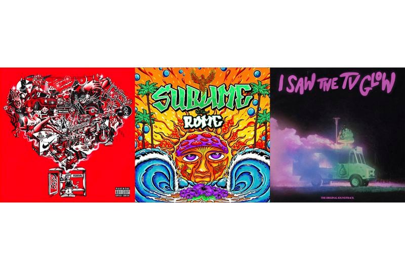 This combination of album covers shows “El Cantante Del Ghetto” by Ryan Castro, left, a self-titled album by Sublime with Rome, center, and the original soundtrack for the film "I Saw the TV Glow." (Sony/5 Music International/A24 Music via AP)