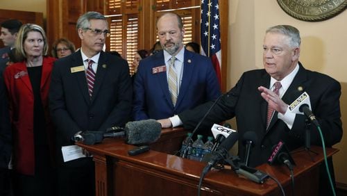2/26/19 - Atlanta - Secretary of State Brad Raffensperger (left), Rep. Barry Fleming, R - Harlem, and House Speaker David Ralston answer questions after the bill’s passage. The Georgia House passed a bill Tuesday to buy a new $150 million election system that includes a paper ballot printed with a ballot marking device. But opponents to the bill, including many Democrats, say it would still leave Georgia’s elections vulnerable to hacking and tampering. Bob Andres / bandres@ajc.com