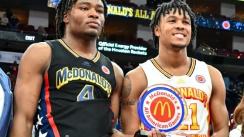Isaiah Collier (left) of Marietta's Wheeler High and D.J. Wagner of Camden, N.J., were the MVPs of the 2023 McDonald's All-Star Game.