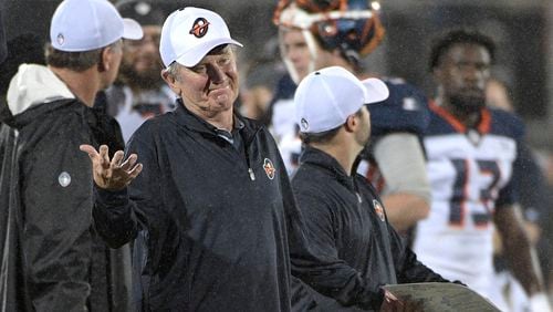 Orlando Apollos coach Steve Spurrier reacts after a play during the second half of the team's Alliance of American Football game against the Atlanta Legends on Saturday, Feb. 9, 2019, in Orlando, Fla. (AP Photo/Phelan M. Ebenhack)