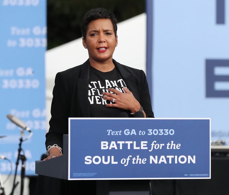 102720 Atlanta: Atlanta Mayor Keisha Lance Bottoms speaks at Democratic Presidential candidate Joe Biden’s drive in rally event during his visit to Georgia at the amphitheatre at Lakewood on Tuesday, Oct 27, 2020 in Atlanta.   “Curtis Compton / Curtis.Compton@ajc.com”