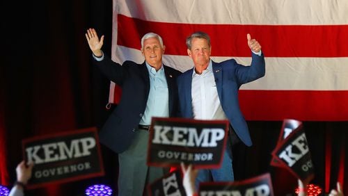 Former Vice President Mike Pence headlines the get-out-the-vote rally in Kennesaw with Gov. Brian Kemp on the eve of Georgia’s primary on May 23, 2022. Pence is returning to Georgia on Tuesday to campaign with Kemp again. (Curtis Compton / Curtis.Compton@ajc.com”