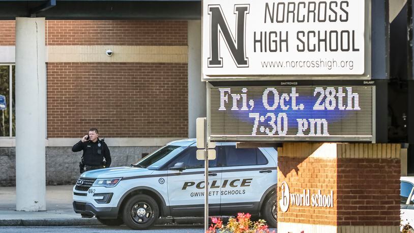 There was a visible presence of Gwinnett County School resource officers on campus at Norcross High School on Thursday, Oct. 27, 2022, after Norcross High School student DeAndre Henderson was shot and killed off-campus during the school day the previous day. (John Spink / John.Spink@ajc.com)