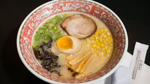 Among the succulents in the Hakata Tonkotsu Classic at Ton Ton are wood-ear mushrooms, scallions, butter garlic corn and, of course, ramen noodles. PHOTO CREDIT: Mia Yakel